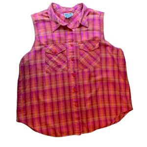 VTG Plaid Sleeveless Button Up Shirt Womens XL Orange Pink Classic Normcore y2k